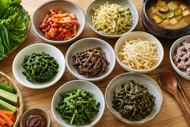 Colorful Korean namul vegetable dishes