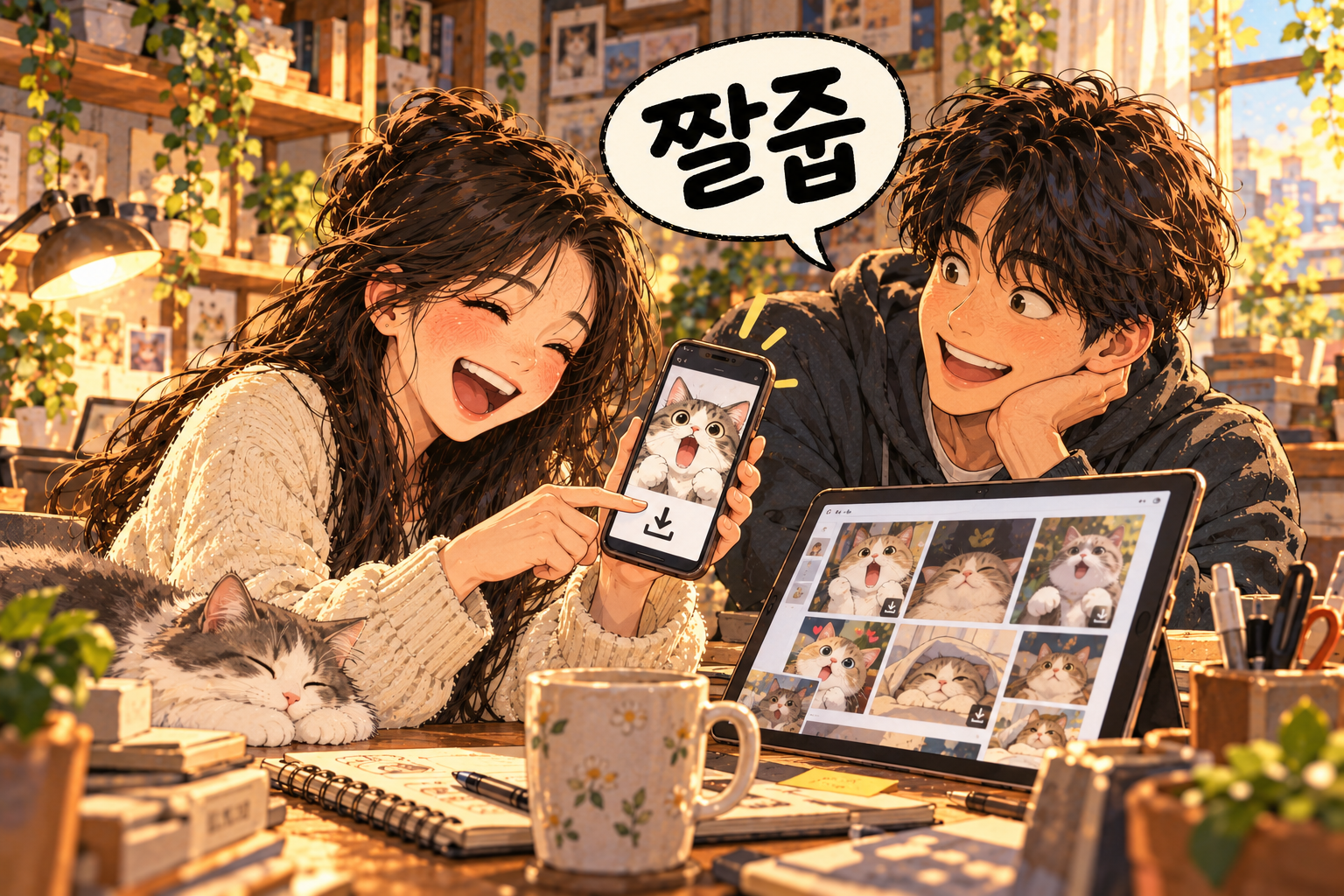 Korean slang 짤줍 (jjaljup): Saving a reaction image you found.