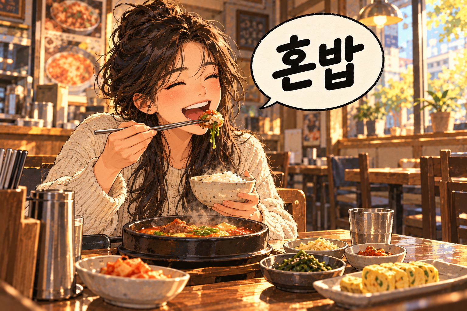 Korean slang 혼밥 (honbap): Eating alone.
