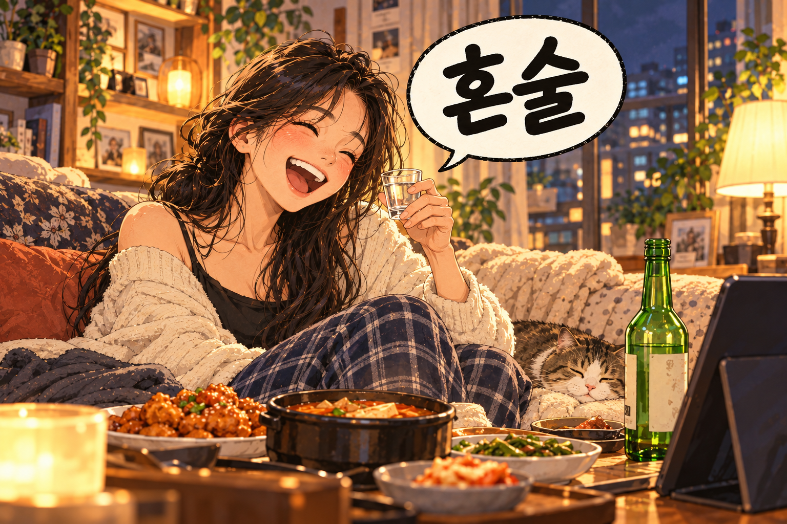 Korean slang 혼술 (honsul): Having a drink alone.