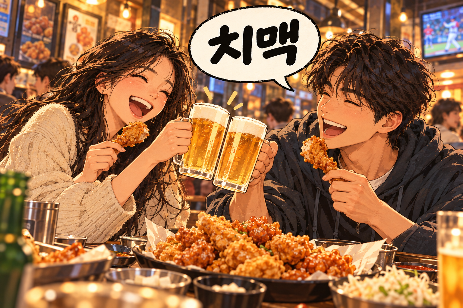 Korean slang 치맥 (chimaek): Fried chicken and beer.
