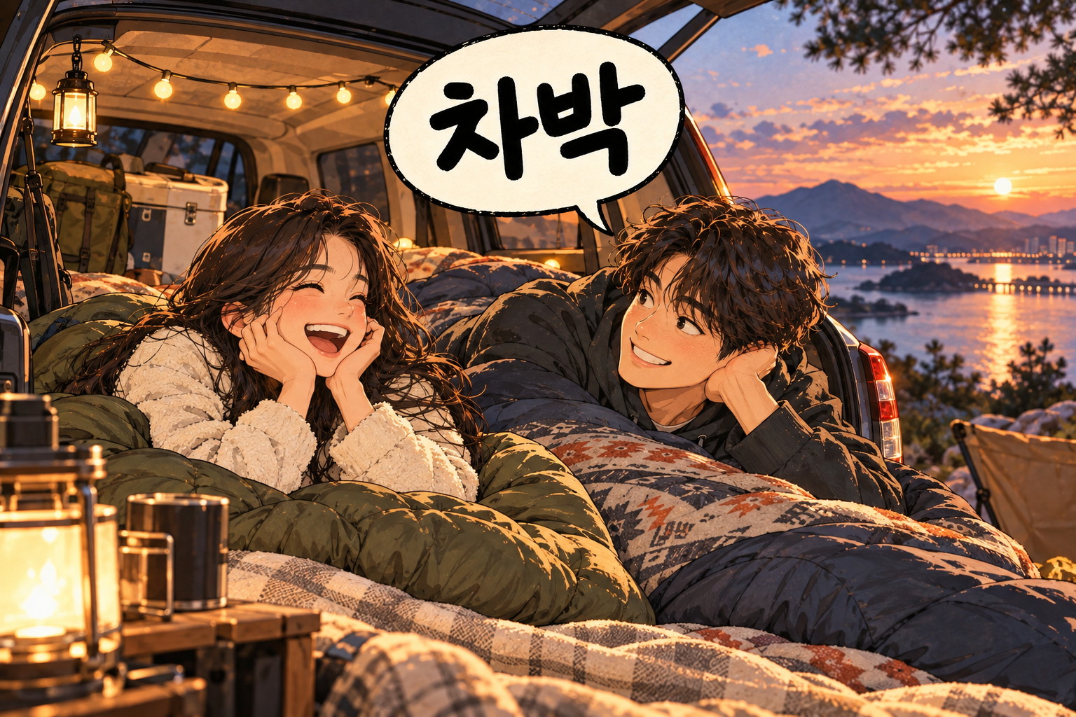 Korean slang 차박 (chabak): Sleeping or camping in a car.