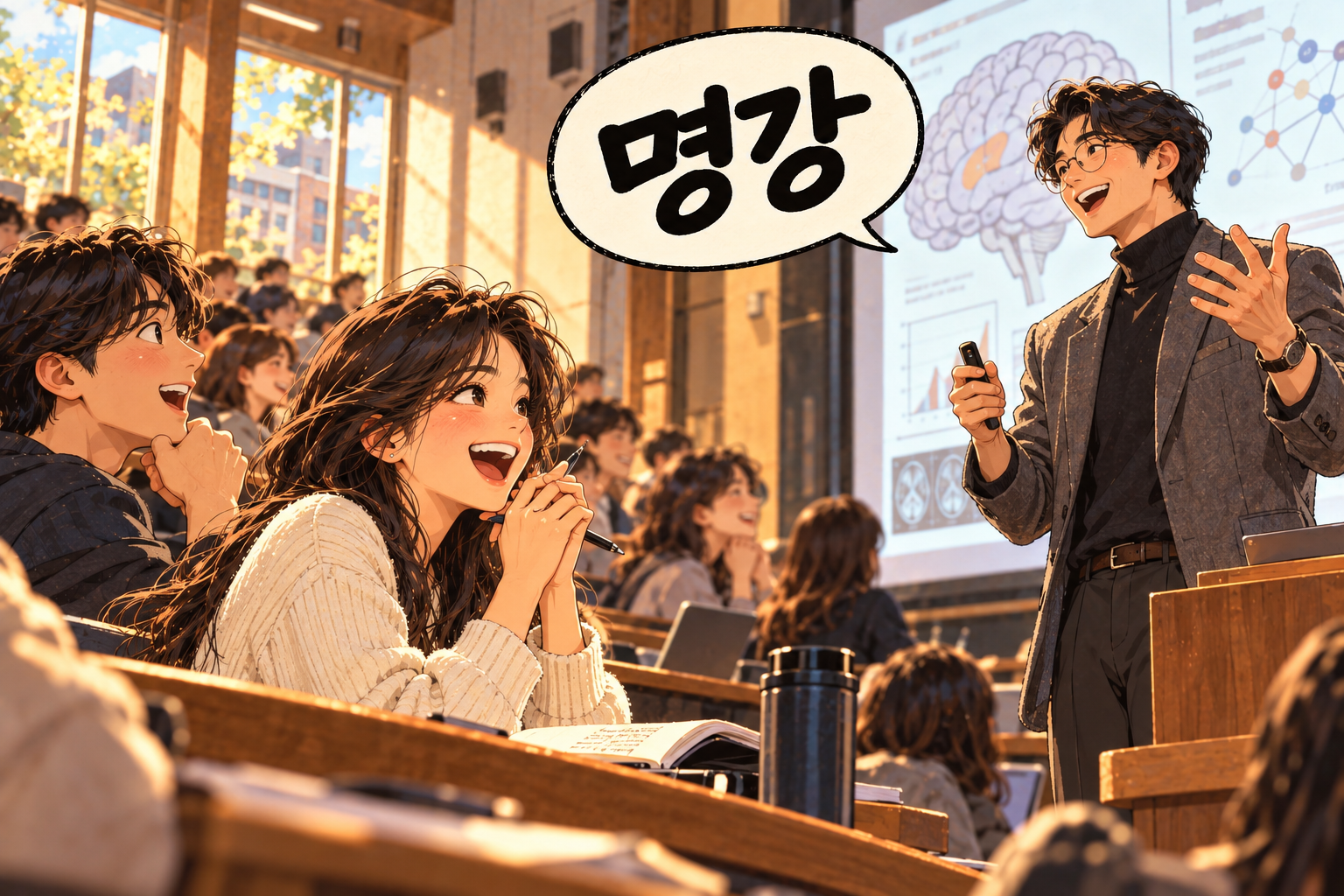 Korean slang 명강 (myeonggang): An excellent lecture.