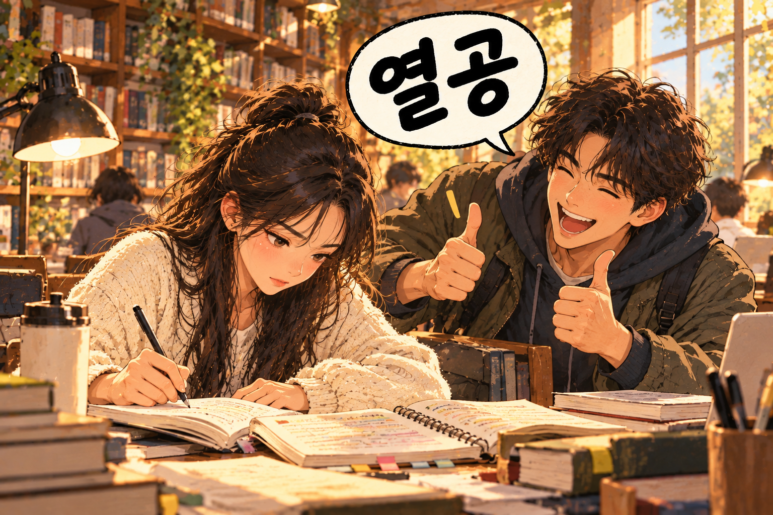 Korean slang 열공 (yeolgong): Studying hard.