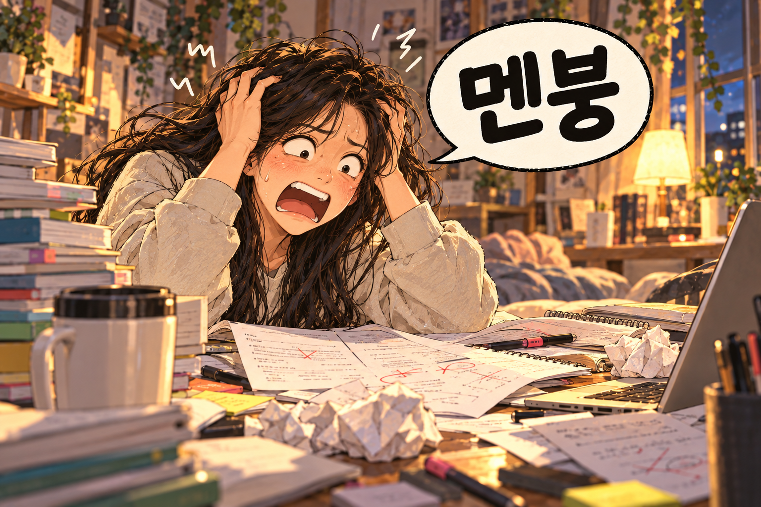 Korean slang 멘붕 (menbung): A total mental meltdown.