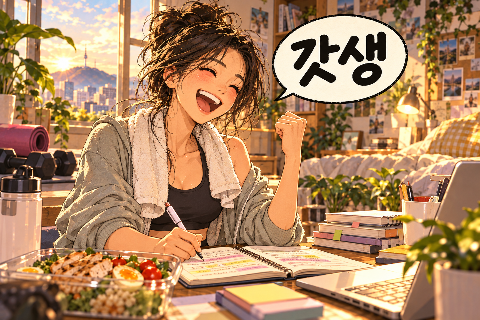 Korean slang 갓생 (gatsaeng): A disciplined, highly productive life.