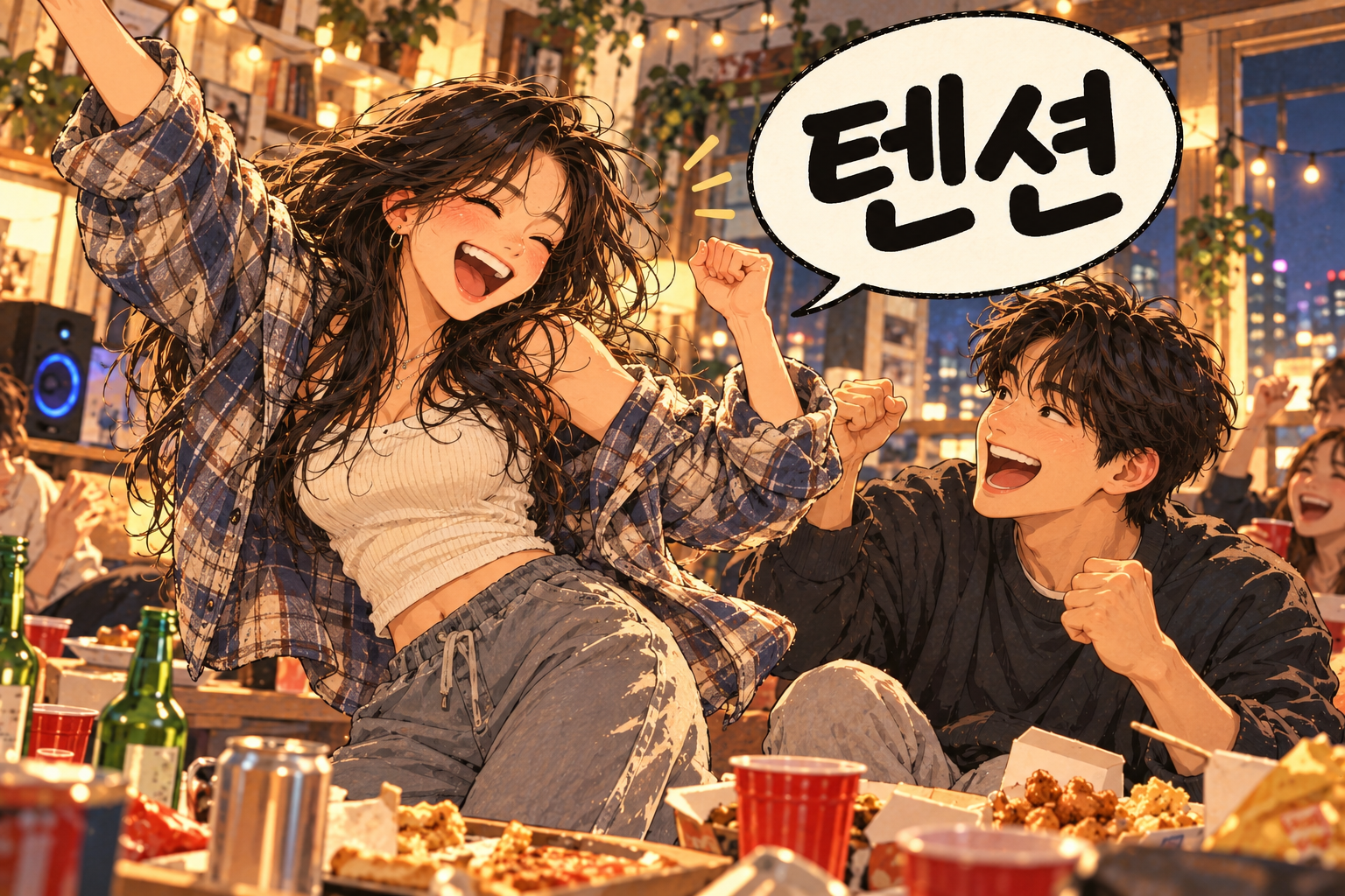 Korean slang 텐션 (tensyeon): Energy level. Excitement.