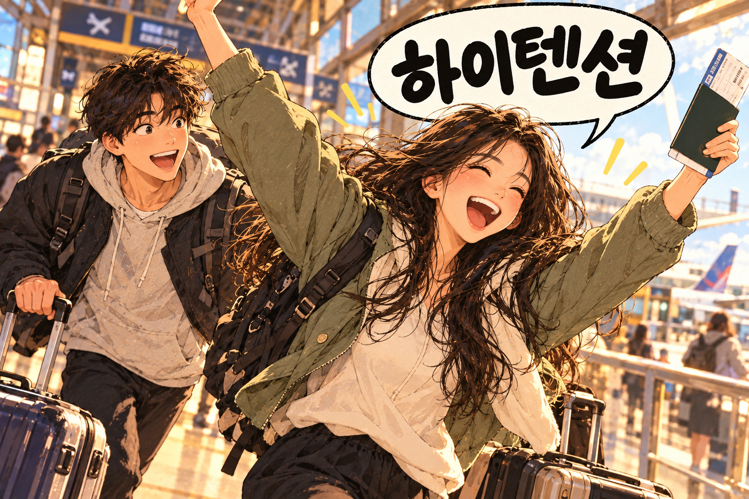 Korean slang 하이텐션 (haitensyeon): Full of energy.