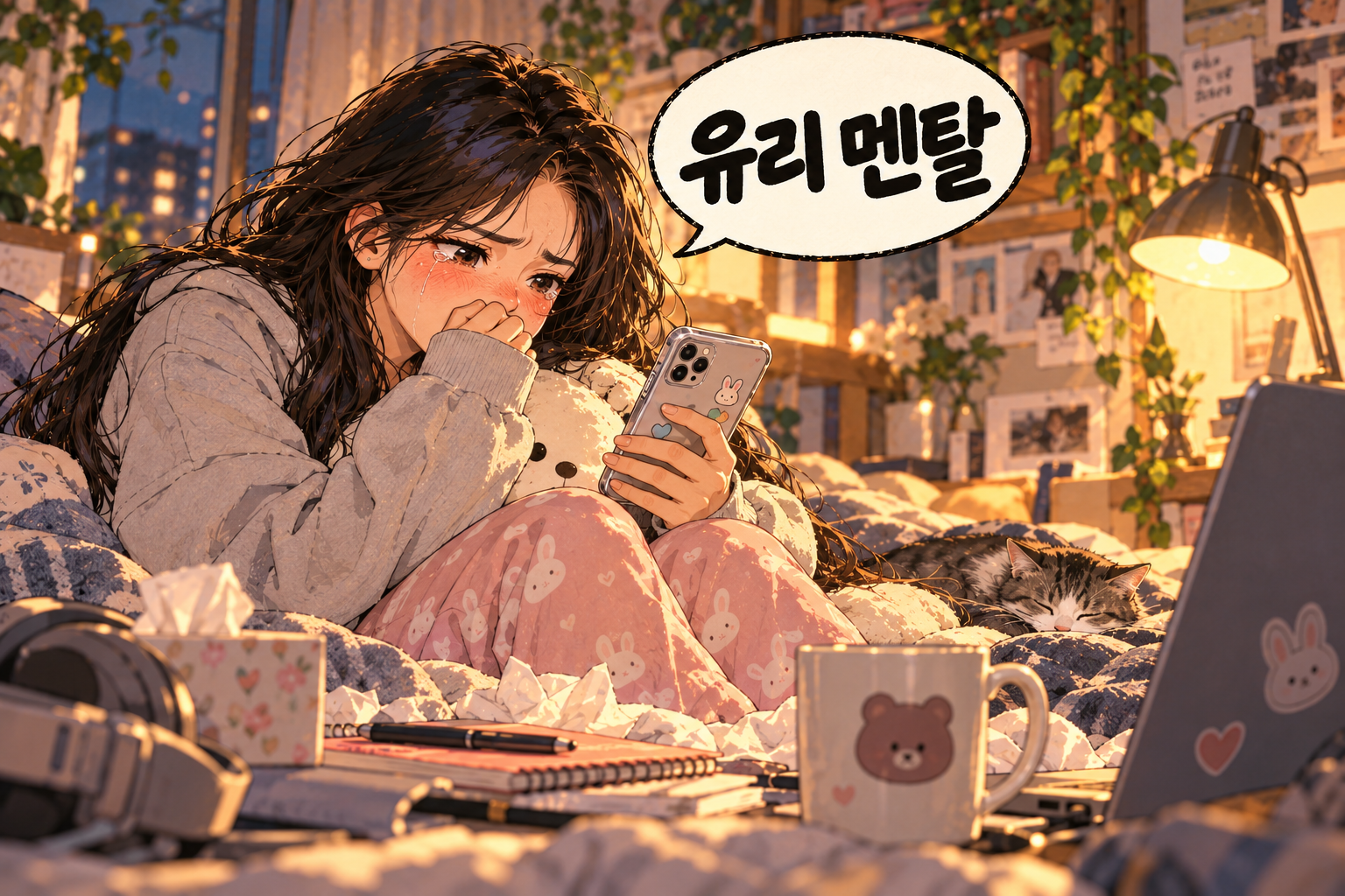 Korean slang 유리 멘탈 (yuri mental): Easily shaken emotionally.