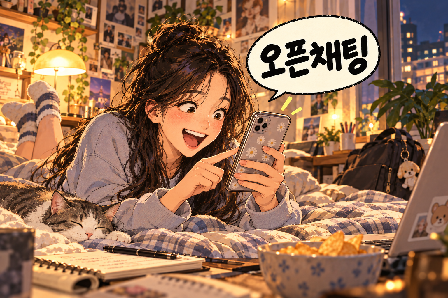 Korean slang 오픈채팅 (opeunchaeting): An open chat room.