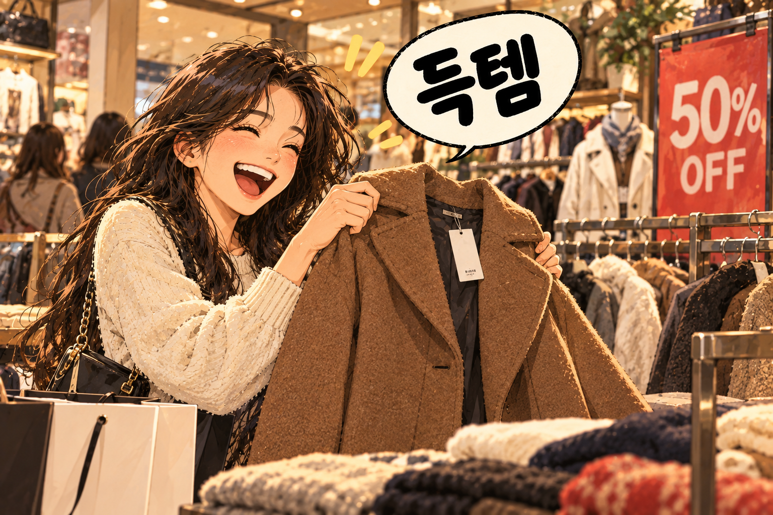 Korean slang 득템 (deuktem): Scoring a great find.