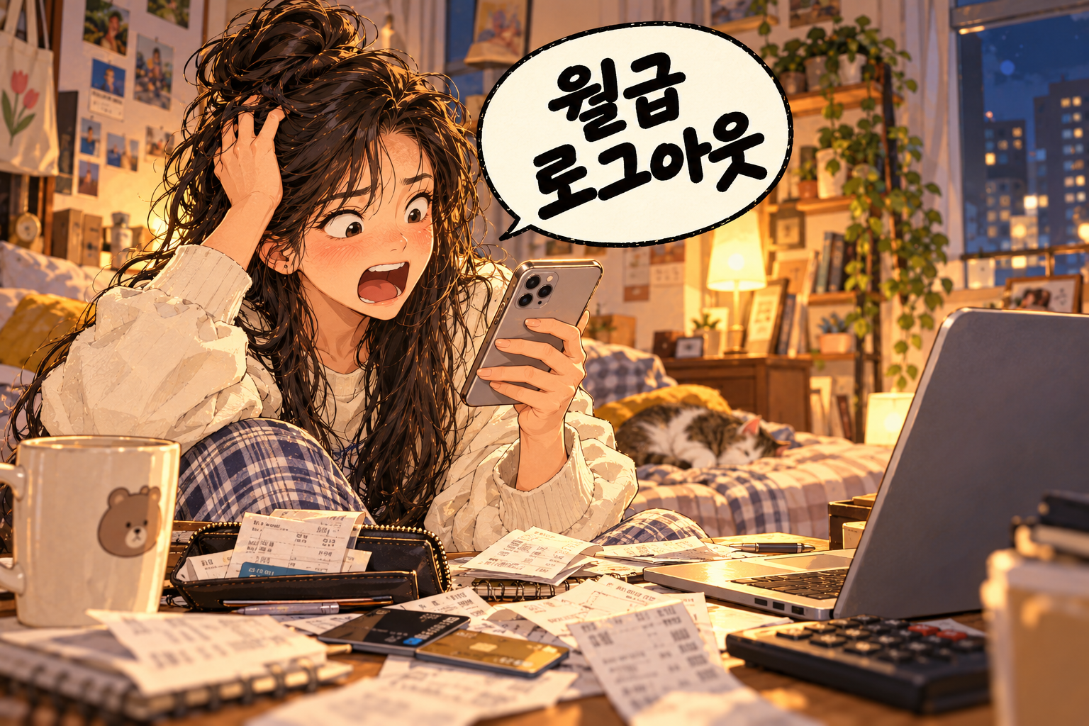 Korean slang 월급 로그아웃 (wolgeup rogeuaut): My salary disappeared immediately.