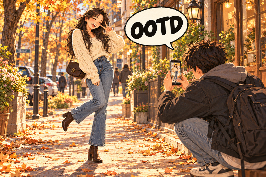 Korean slang OOTD (o-o-ti-di): Outfit of the day.