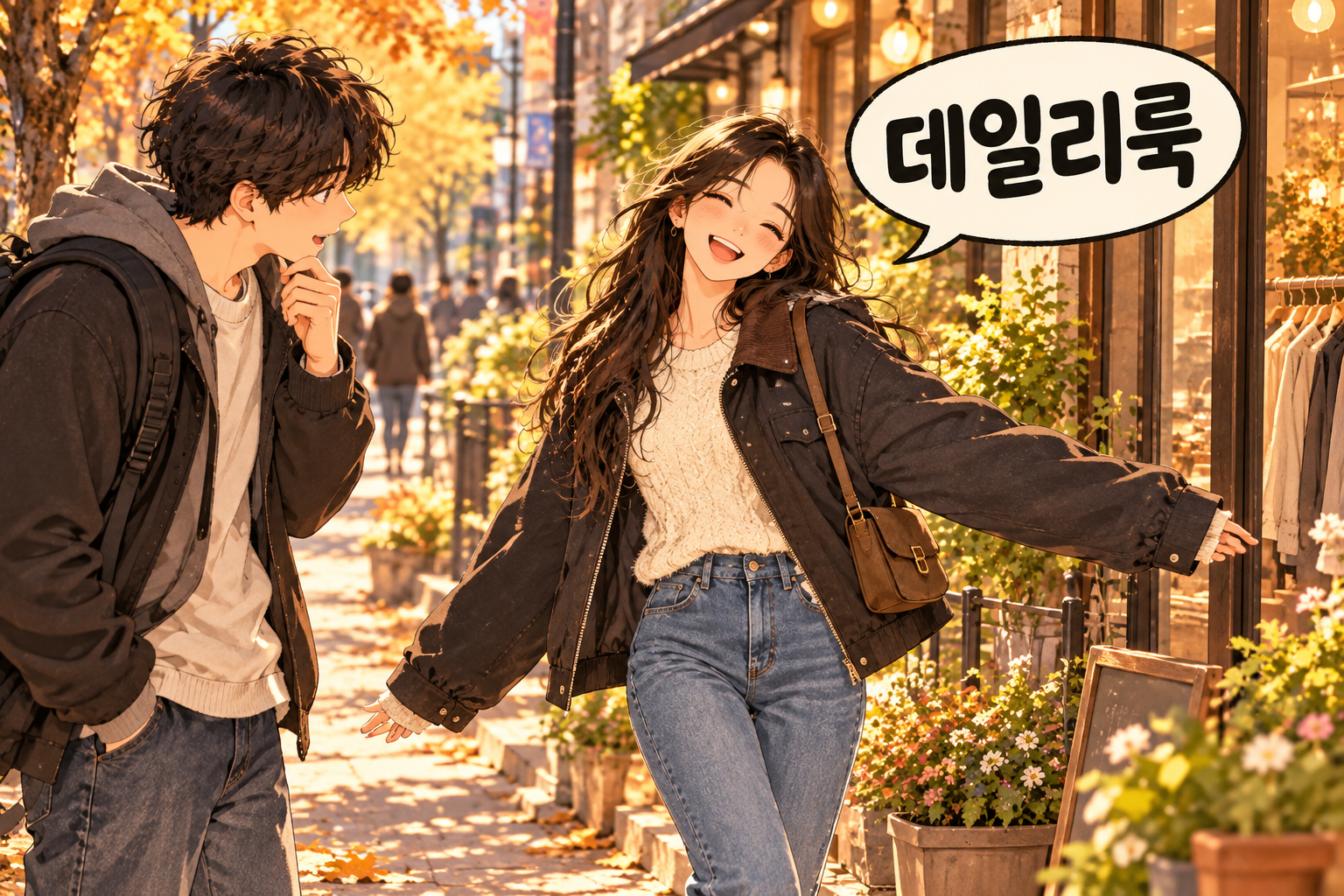 Korean slang daily look: a woman showing her everyday outfit to a friend.
