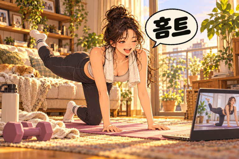 Illustration of Korean slang homteu: Working out at home.