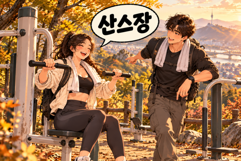 Illustration of Korean slang sanseujang: An outdoor workout area on a mountain.