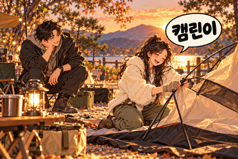 Illustration of Korean slang kaemnini: A camping beginner.