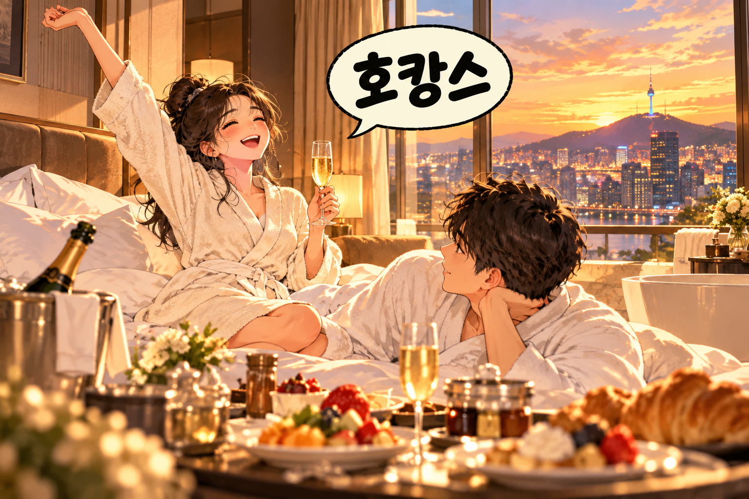 Illustration of Korean slang hokangseu: A hotel staycation.