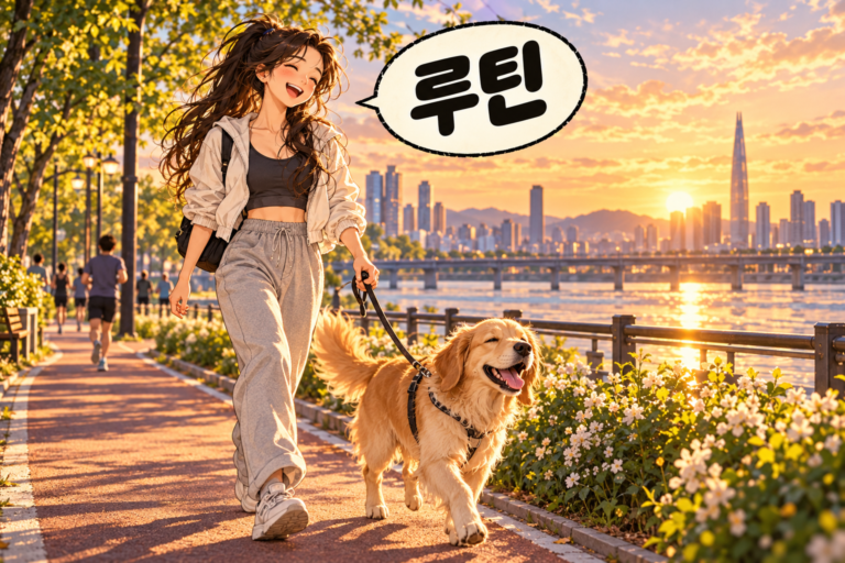 Illustration of Korean slang rutin: A regular personal routine.