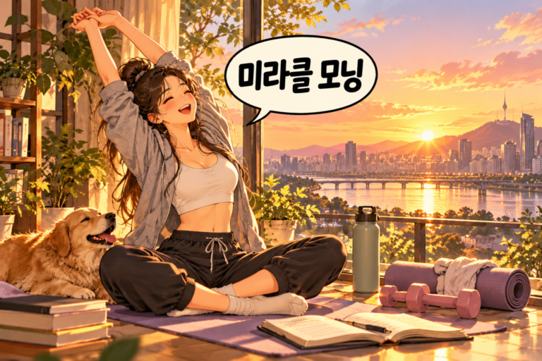 Illustration of Korean slang mirakeul moning: An early-morning self-improvement routine.