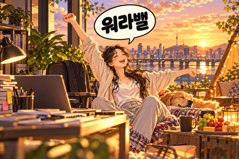 Illustration of Korean slang worabael: Work-life balance.