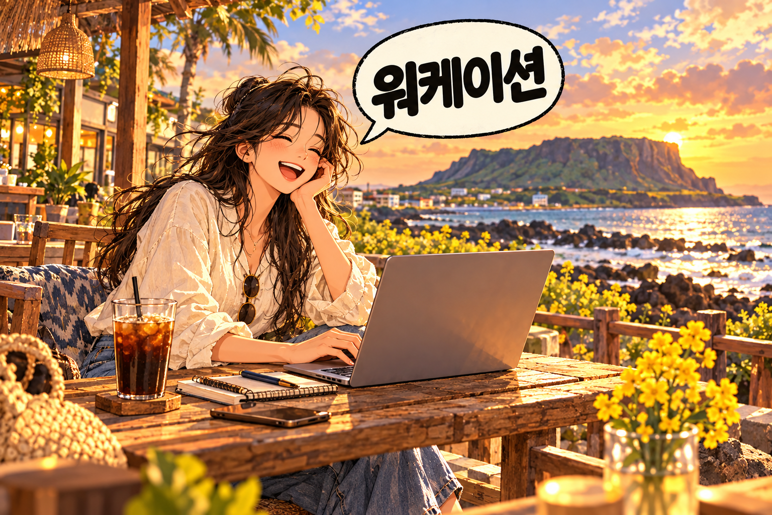 Illustration of Korean slang wokeisyeon: Working remotely from a holiday location.