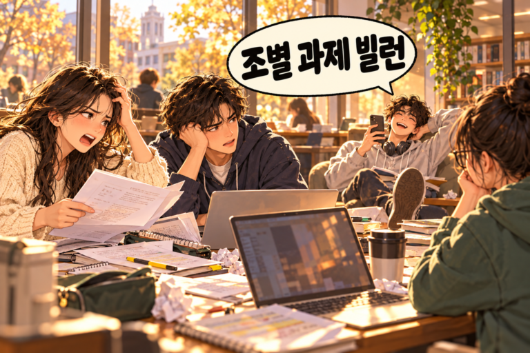 Illustration of Korean slang jobyeol gwaje billeon: The difficult group-project teammate.