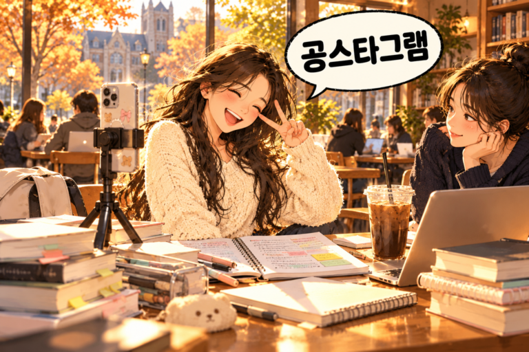 Illustration of Korean slang gongseutageuraem: A study-focused Instagram account.