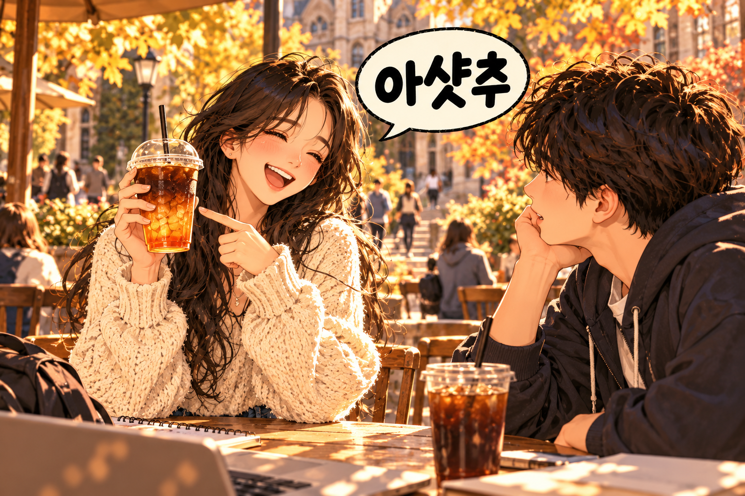 Illustration of Korean slang asyatchu: Iced tea with an espresso shot.