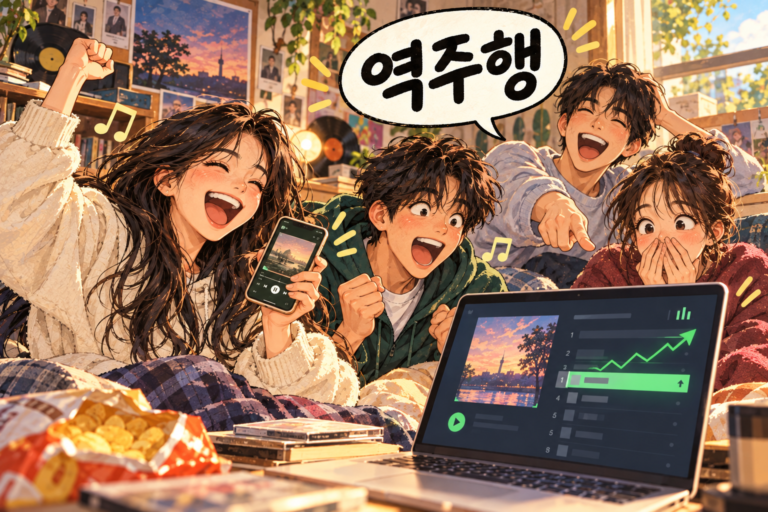 Illustration for Korean expression 역주행 meaning An older release becoming popular again