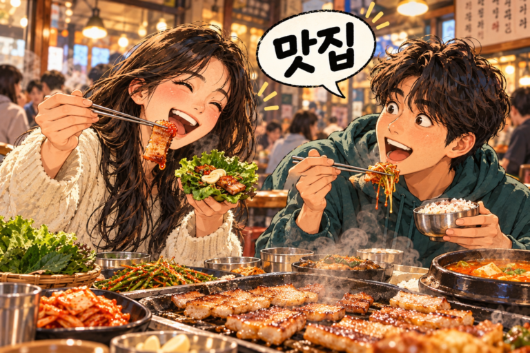 Illustration for Korean expression 맛집 meaning A restaurant known for good food