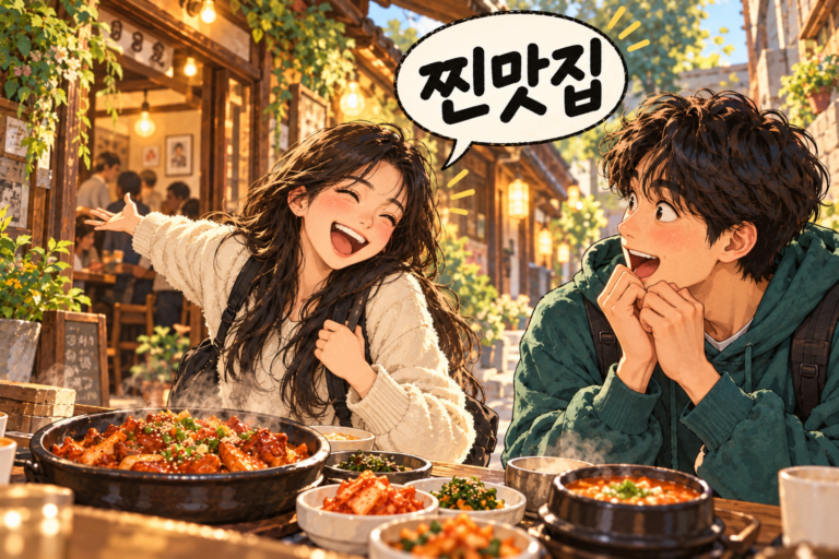 Illustration for Korean expression 찐맛집 meaning A genuinely great place to eat