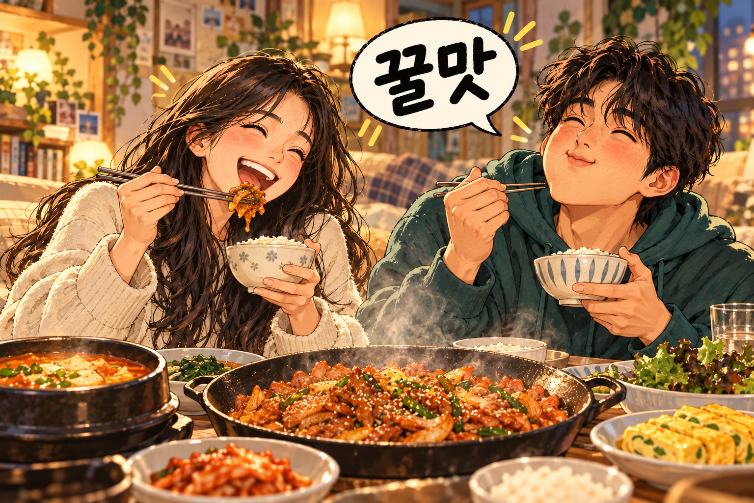 Illustration for Korean expression 꿀맛 meaning Extremely tasty or satisfying