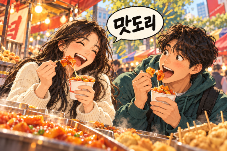Illustration for Korean expression 맛도리 meaning A playful way to say delicious