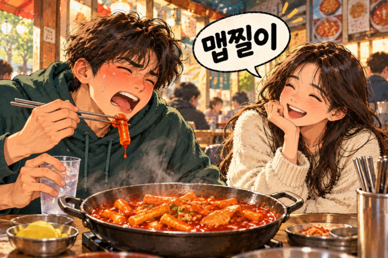 Illustration for Korean expression 맵찔이 meaning Someone with low tolerance for spicy food