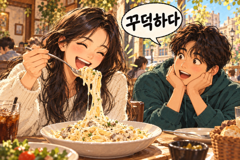 Illustration for Korean expression 꾸덕하다 meaning Thick, dense, and rich in texture