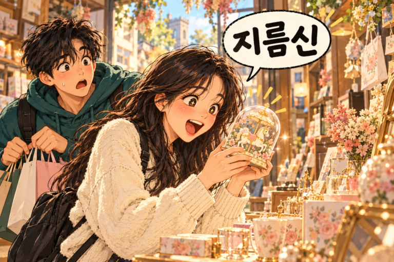 Illustration for Korean expression 지름신 meaning The joking 'shopping spirit' behind an urge to buy