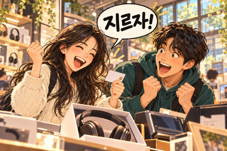 Illustration for Korean expression 지르다 meaning To go ahead and buy something