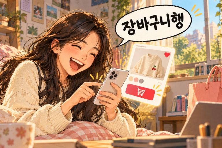 Illustration for Korean expression 장바구니행 meaning Straight into the shopping cart
