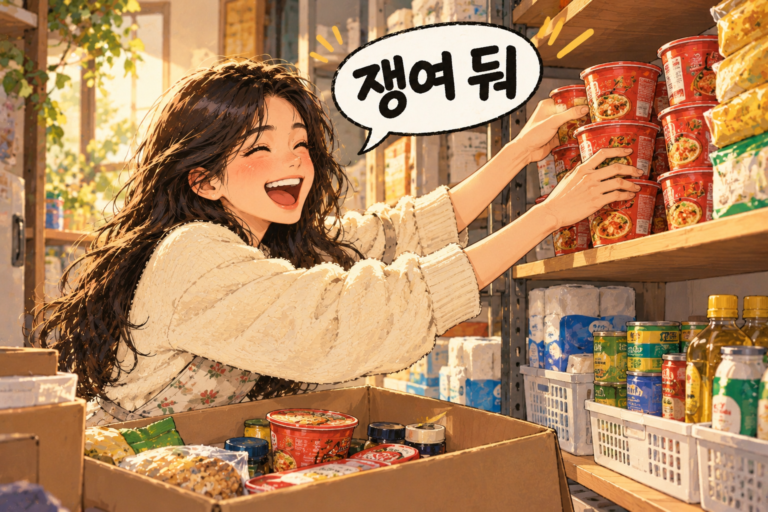 Illustration for Korean expression 쟁이다 meaning To stock up for later