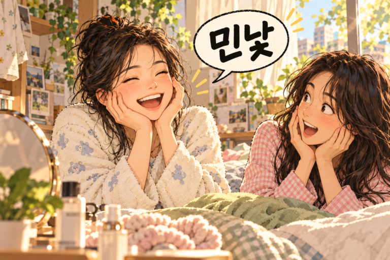 Illustration for Korean expression 민낯 meaning A face without makeup