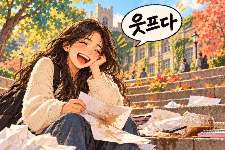 Illustration for Korean expression 웃프다 meaning Funny and sad at the same time