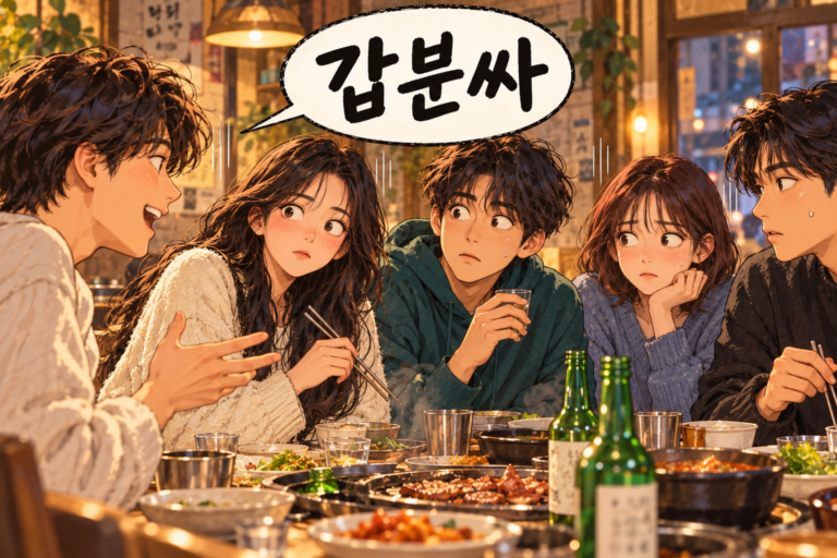 Illustration for Korean expression 갑분싸 meaning The atmosphere suddenly became awkward