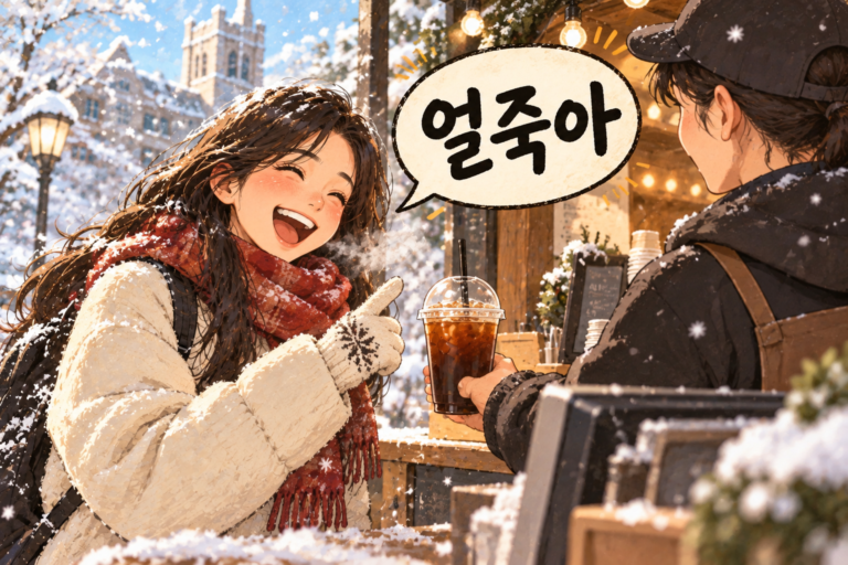 Illustration for Korean expression 얼죽아 meaning Iced Americano even in freezing weather