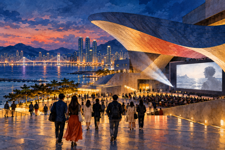 Conceptual illustration of an outdoor film screening and a coastal city at dusk.