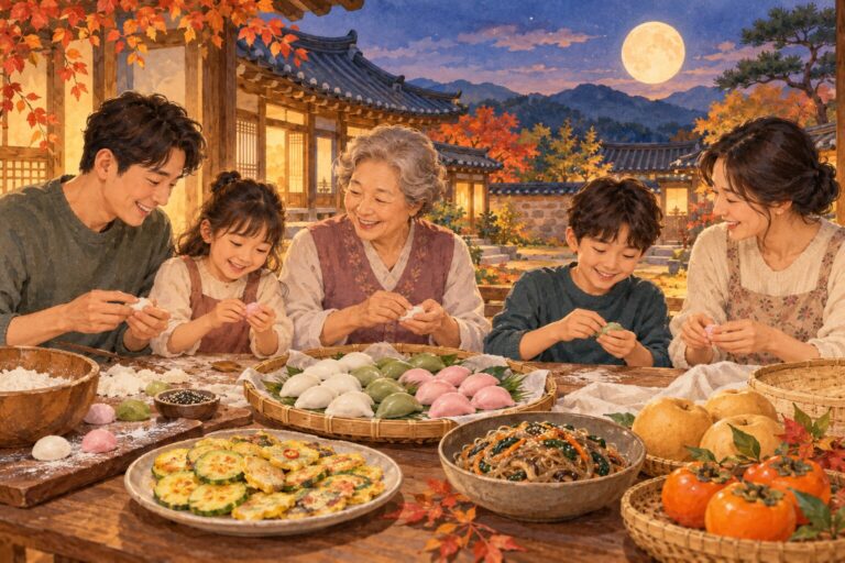 Illustration of a Korean family making songpyeon with jeon, japchae and autumn fruit on the table under a full moon.