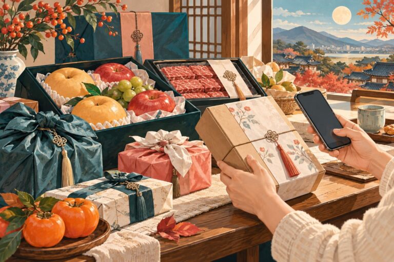 Illustration of Chuseok gift boxes and a person checking a package beside a phone.