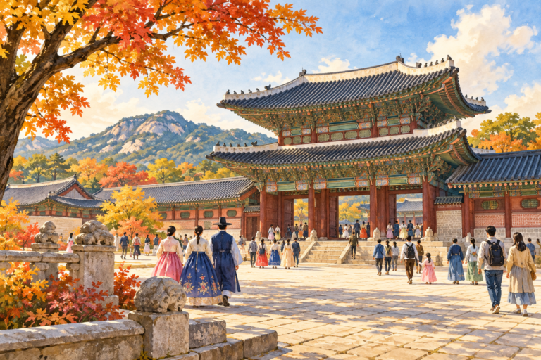 Conceptual illustration of visitors in a Korean royal palace courtyard in autumn.