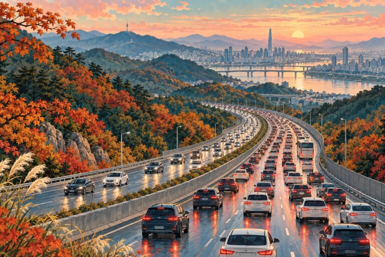 Conceptual illustration of holiday traffic approaching Seoul through autumn hills.
