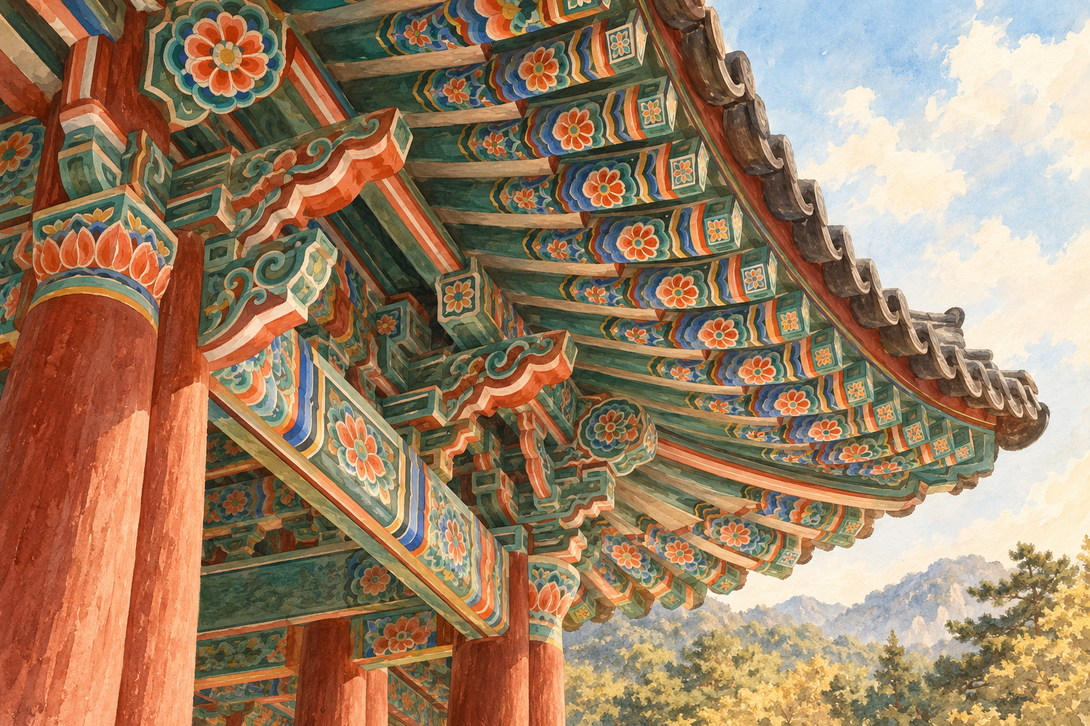 Illustration of colorful dancheong patterns beneath Korean wooden eaves.